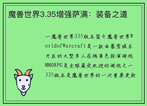 魔兽世界3.35增强萨满：装备之道
